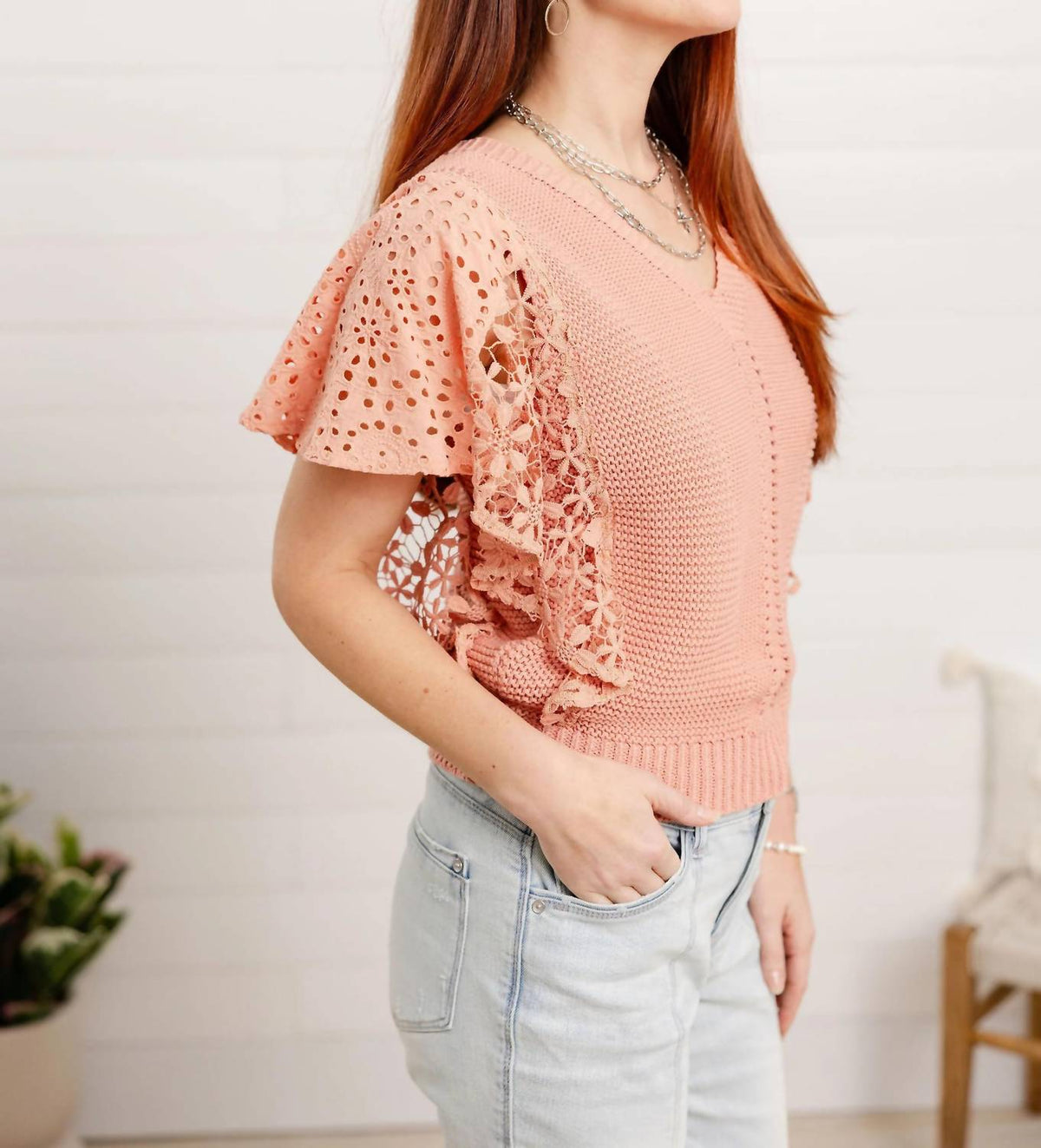 Democracy - Flutter Sleeve V-neck Short Sleeve Sweater