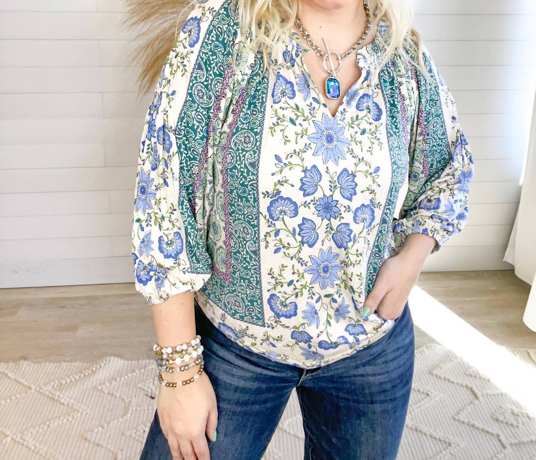 Democracy - Women's Mandarin Collar Top - blouses - blue - clothing