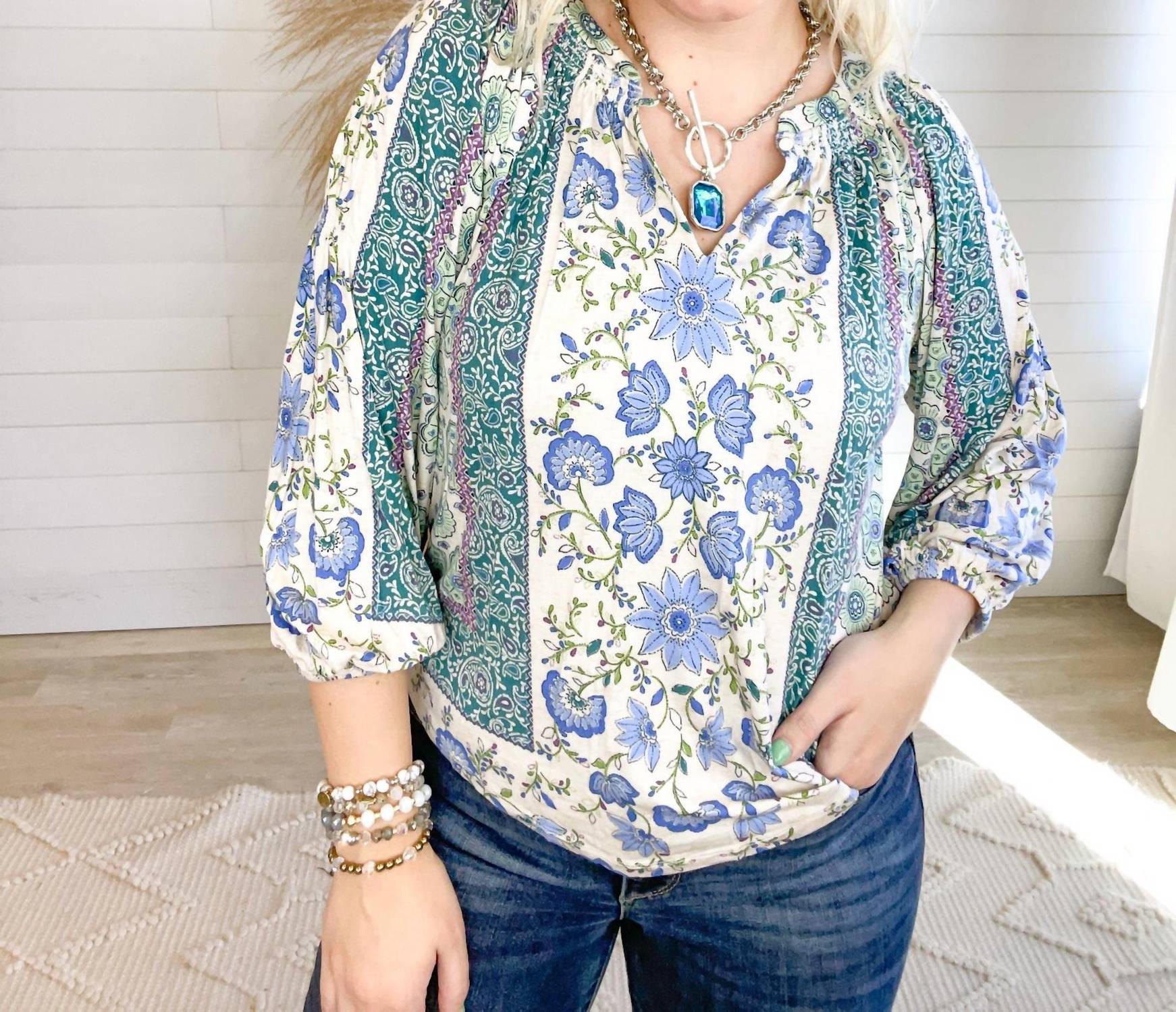 Democracy - Women's Mandarin Collar Top - blouses - blue - clothing