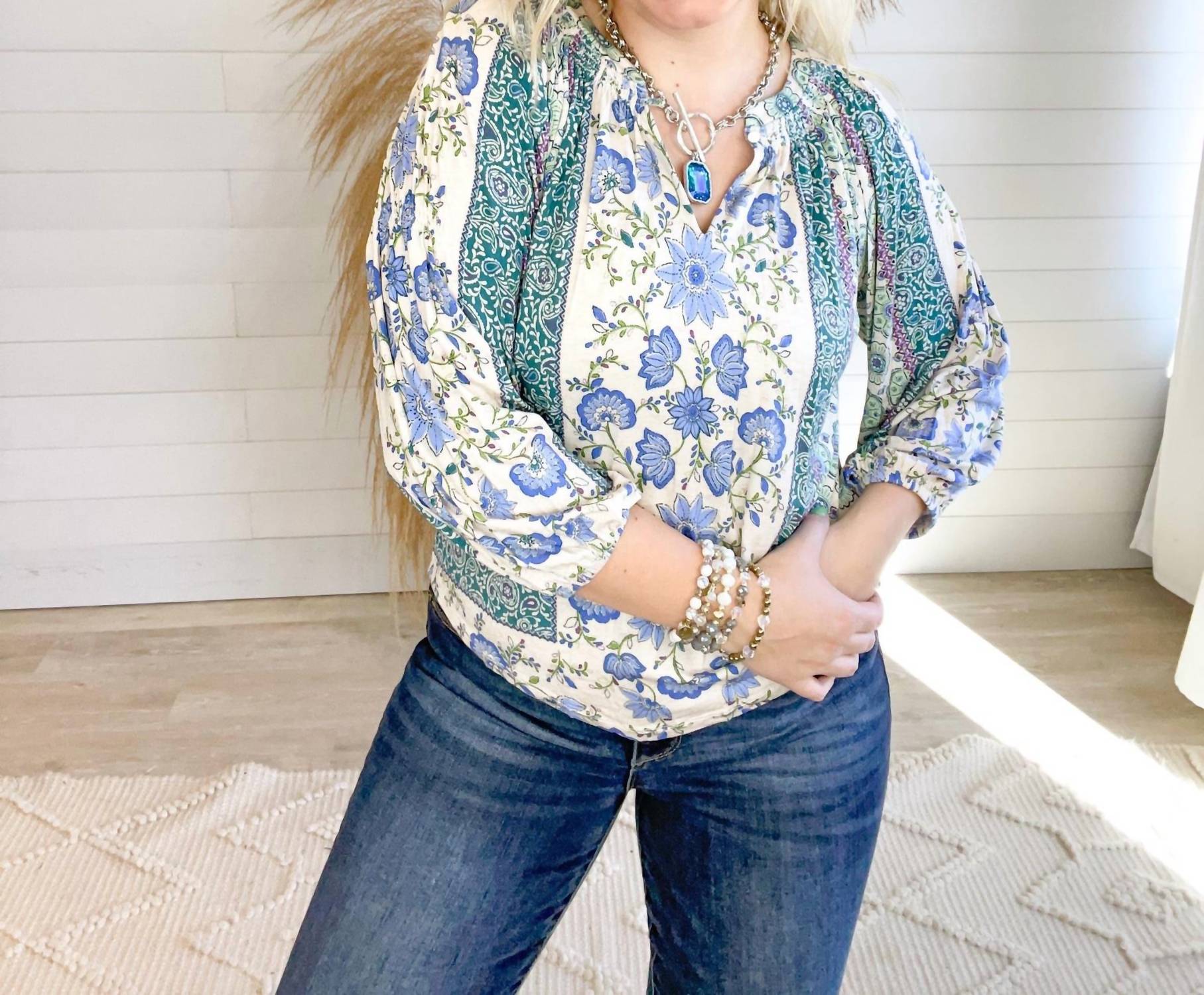 Democracy - Women's Mandarin Collar Top - blouses - blue - clothing