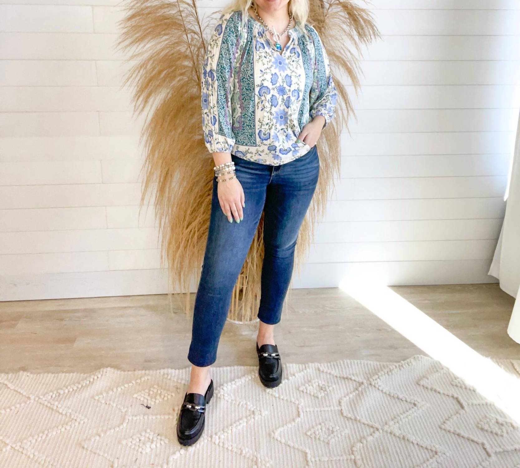 Democracy - Women's Mandarin Collar Top - blouses - blue - clothing