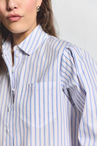 Derek Lam 10 Crosby - Estrella Striped Cropped Button Up Top - blue - button - down - shirts - clothing