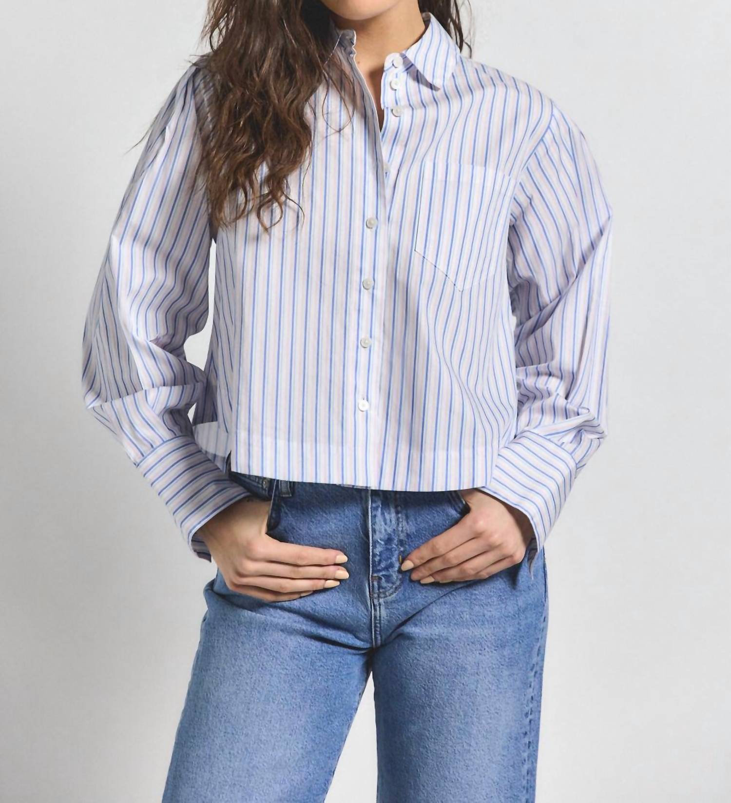 Derek Lam 10 Crosby - Estrella Striped Cropped Button Up Top - blue - button - down - shirts - clothing