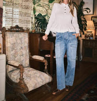 Aaron & Amber - Drawstring Waist Straight Soft Denim Pants