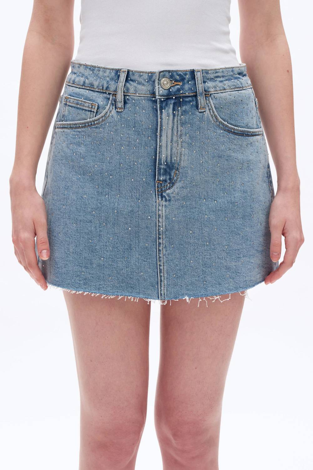 Bayeas - Mid Rise Rhinestone Denim Mini Skirt