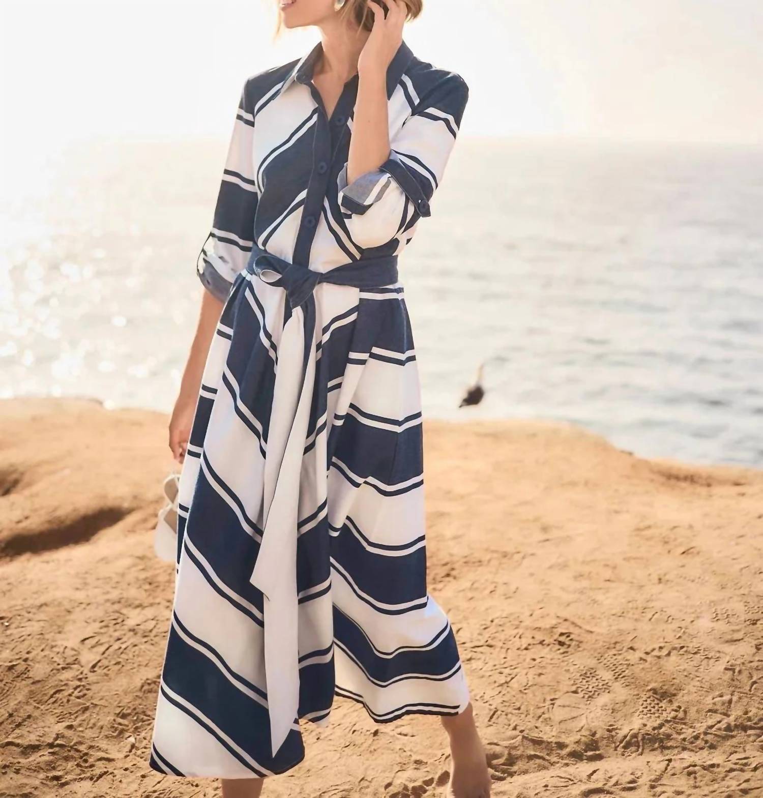 Joseph Ribkoff - Striped Belted Midi Fit And Flare Dress