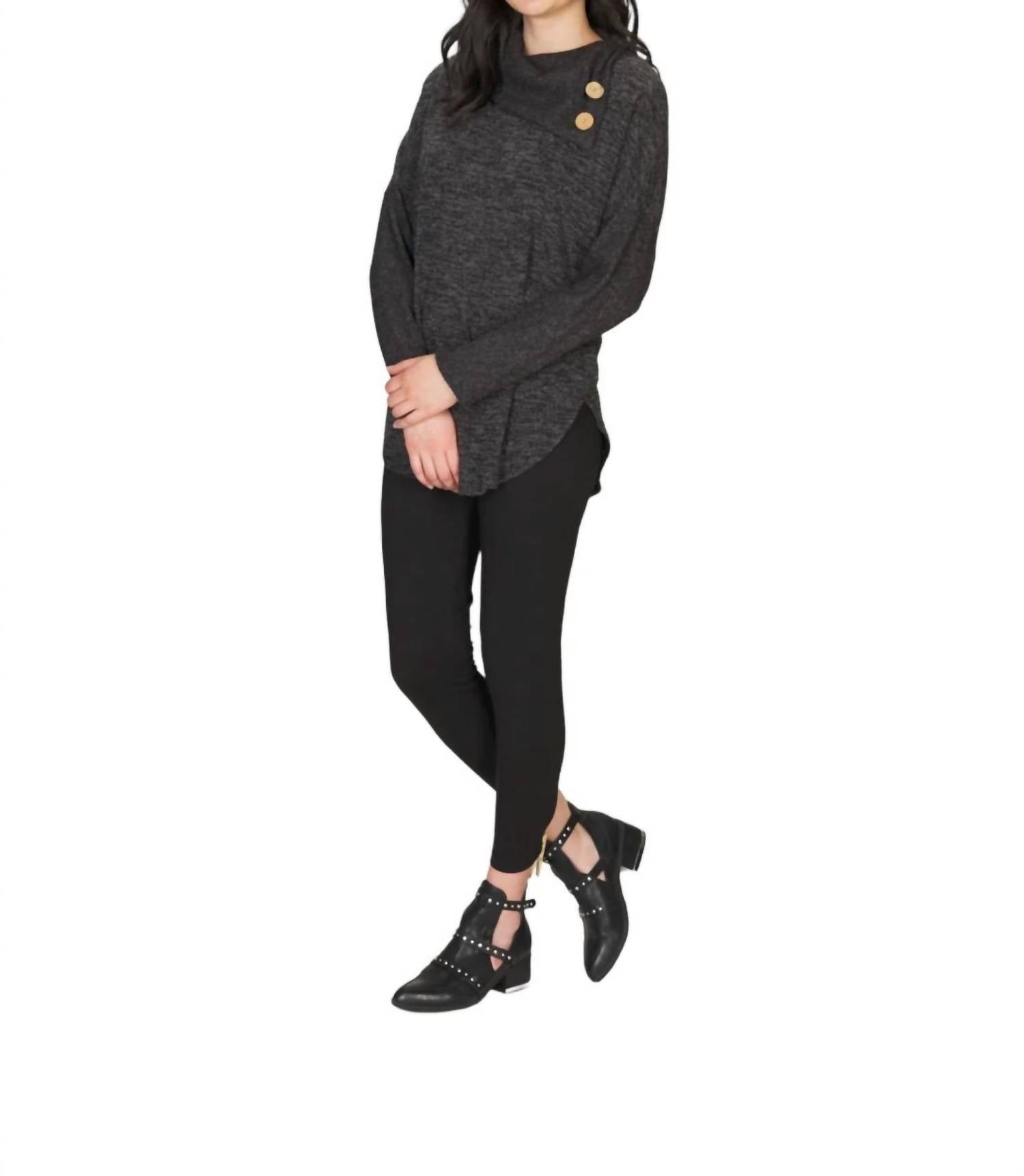 Papillon - Heatherd Tunic With Drape Collar & Rib Sleeves