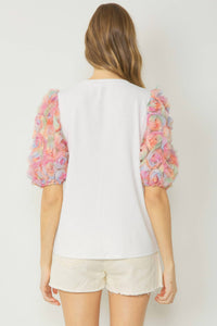 entro Floral Puff Sleeve Top in white - women's t-shirt - detail view