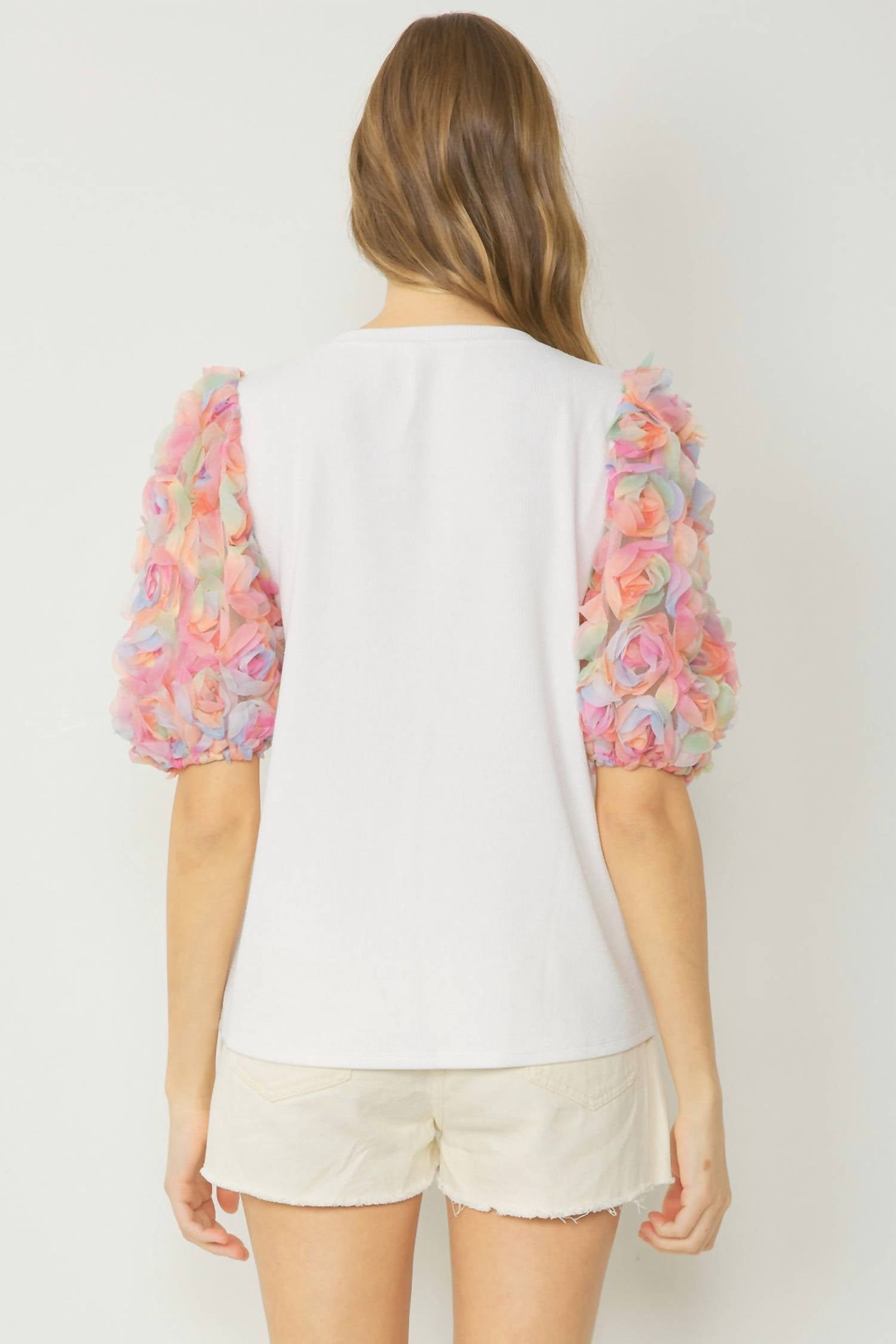 entro Floral Puff Sleeve Top in white - women's t-shirt - detail view