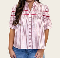 Karlie - Striped Elastic Knit Short Sleeve Button Down Top