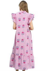 umgee Stripe Floral Flutter Sleeve Tiered Midi Dress in pink - women's dress - detail view