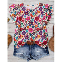 Rosa Clothing Women's Western Vintage Floral Ruffle Sleeve Top in multi - women's blouse