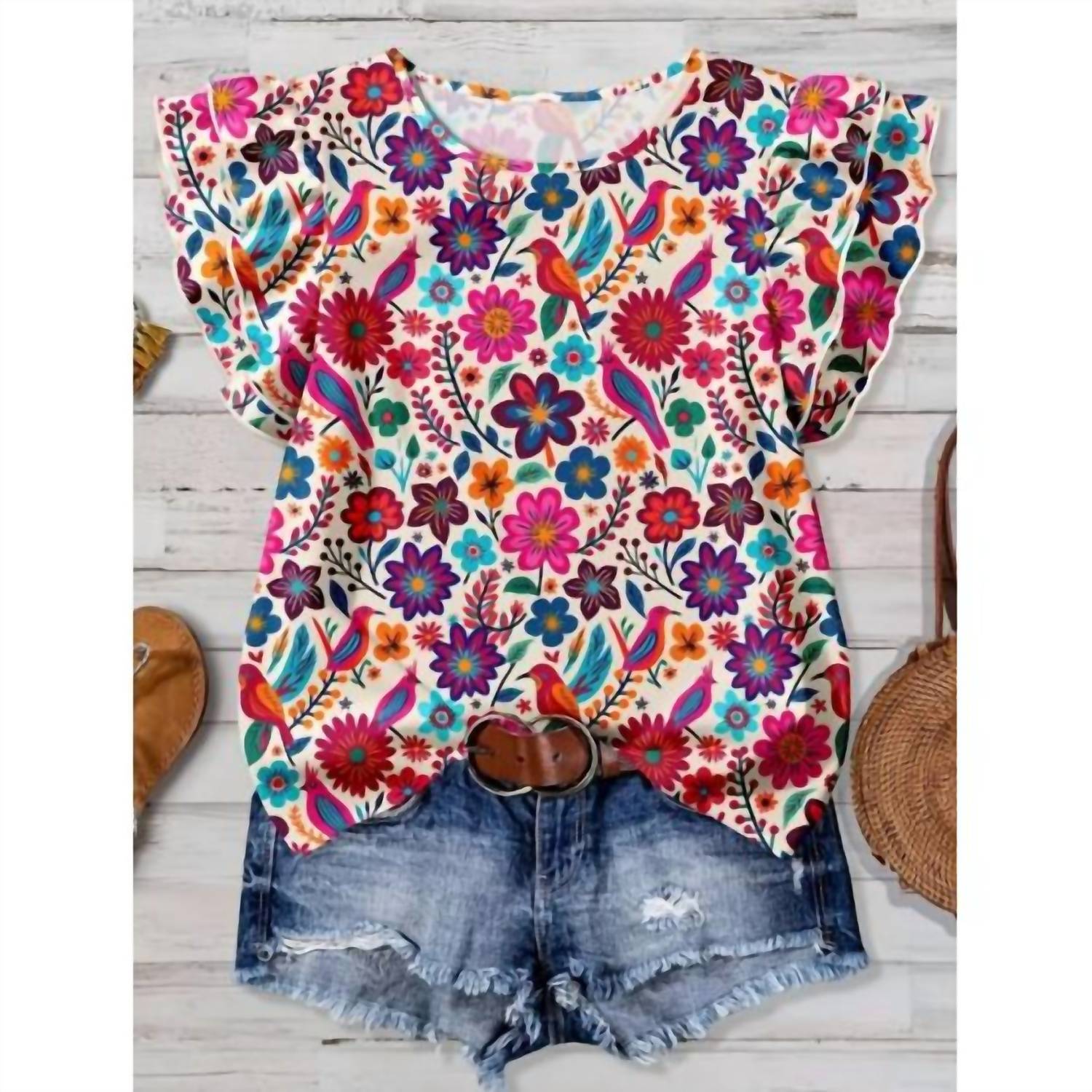 Rosa Clothing Women's Western Vintage Floral Ruffle Sleeve Top in multi - women's blouse