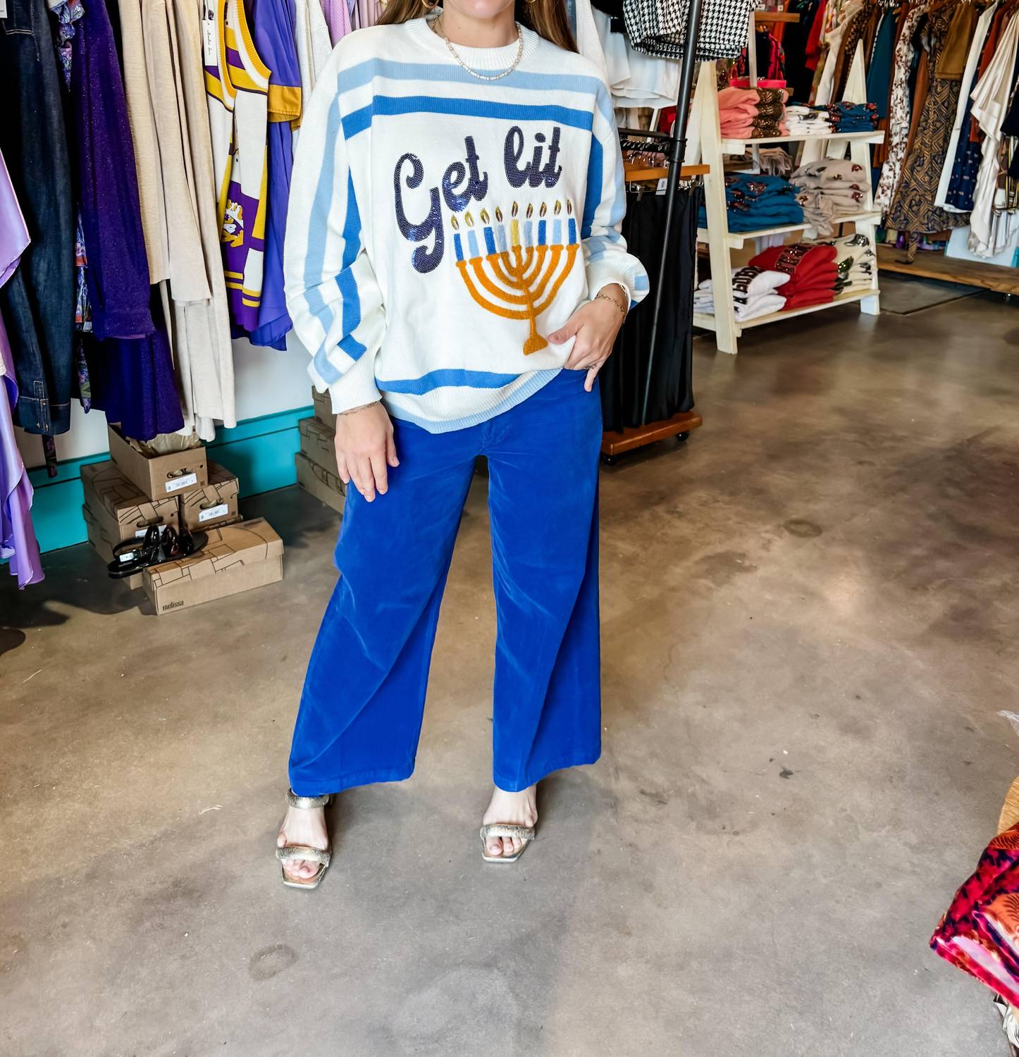 Queen Of Sparkles - "get Lit" Menorah Stripe Sweater
