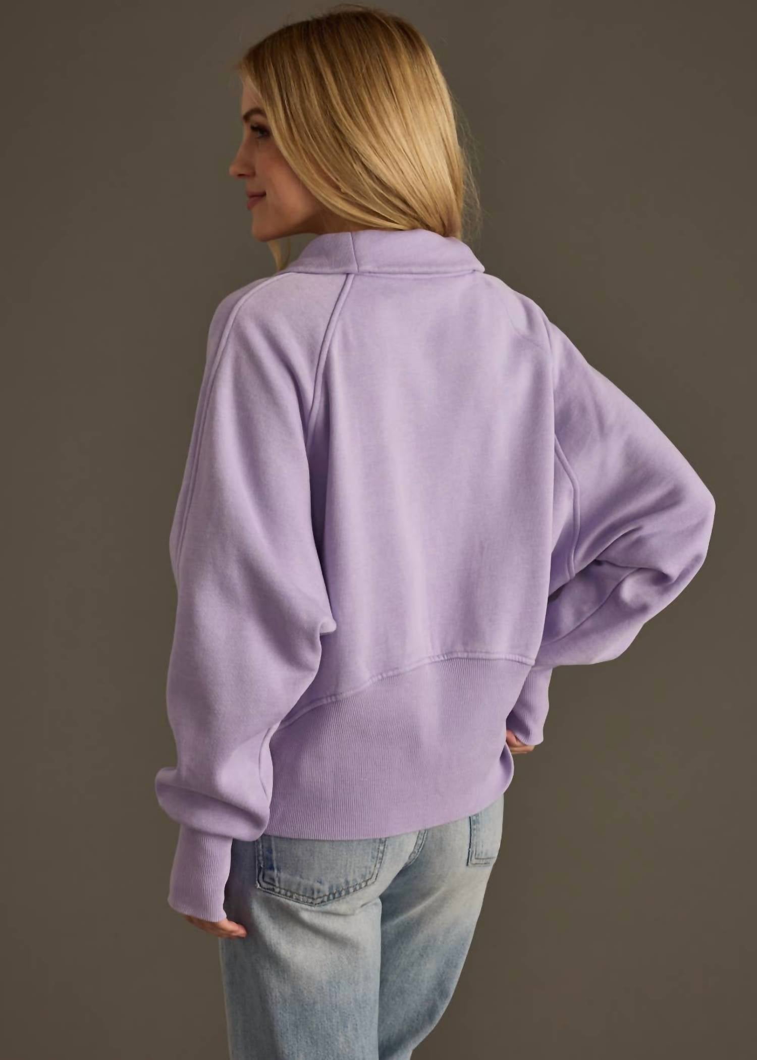 Panache Apparel Quarter Zip Sweatshirt in lavender - women's top - detail view