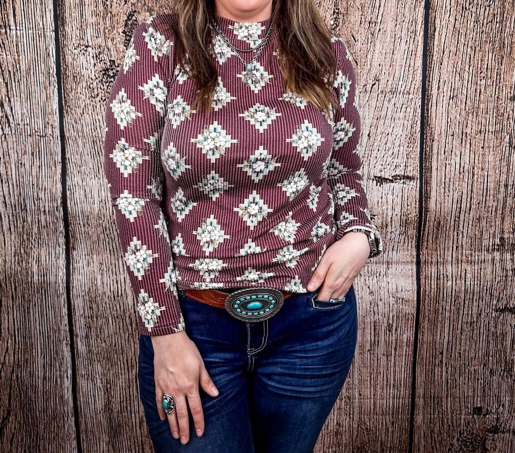 Sterling Kreek High Plains Aztec Top in cranberry - women's long sleeve top