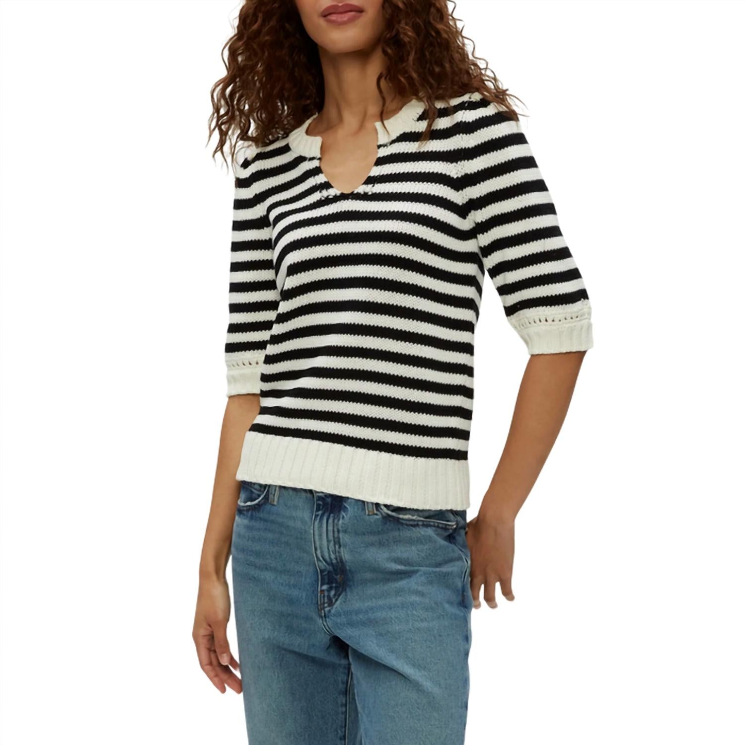 Michael Stars Women's Rosanna Striped Puff Sleeve Sweater in black - women's sweater - alternate view