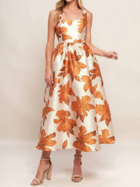 FLYING TOMATO Fall Floral Satin Midi Dress in cream rust - women's dress - detail view