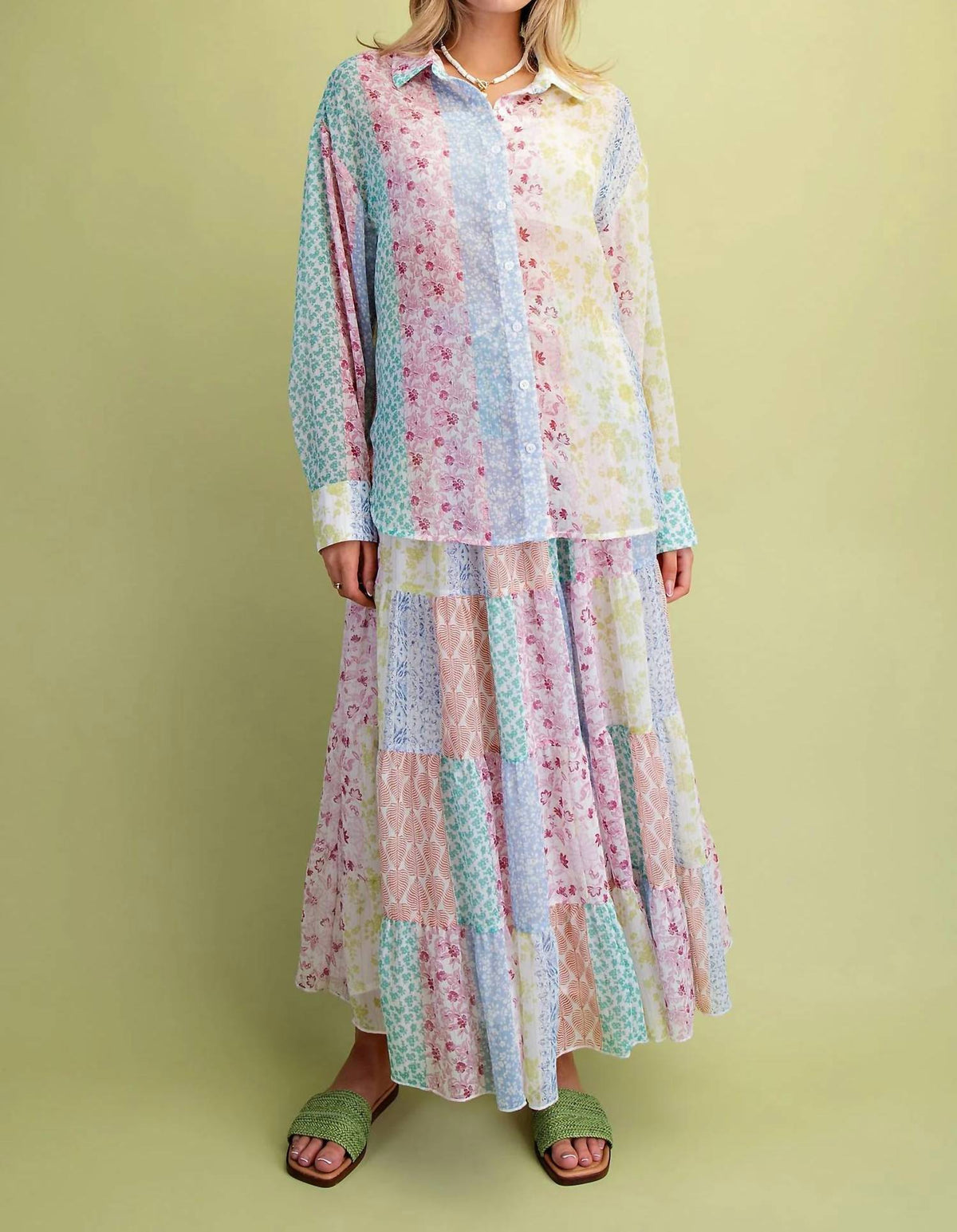 Easel - Patchwork Chiffon Tiered Maxi Skirt