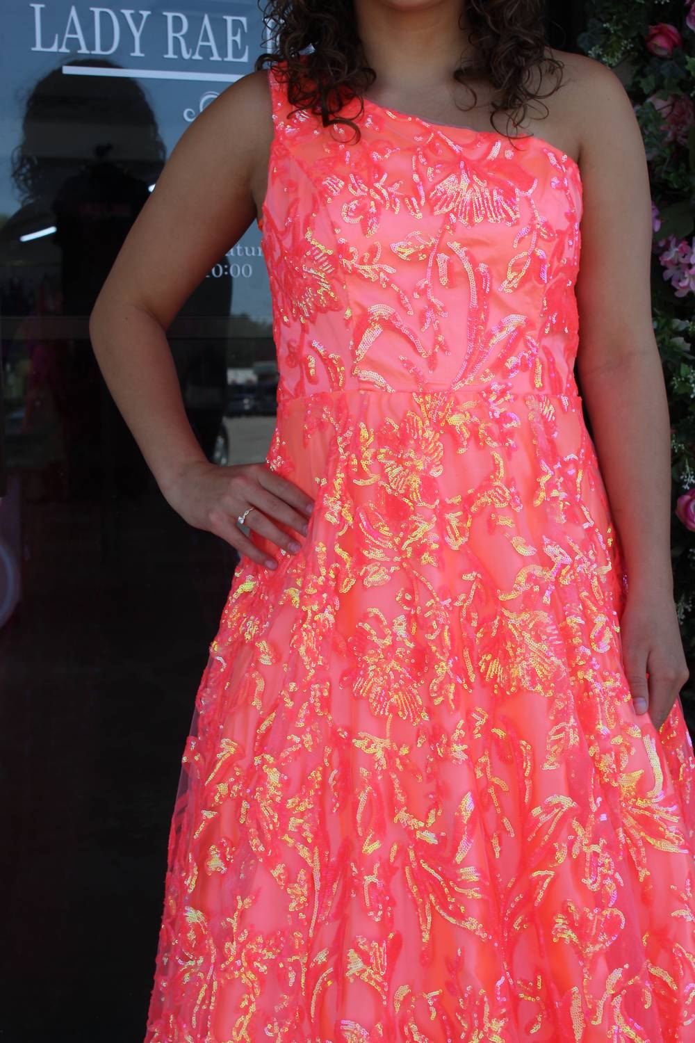 Nox Anabel Sequin Print Tulle Dress in coral - women's dress - detail view