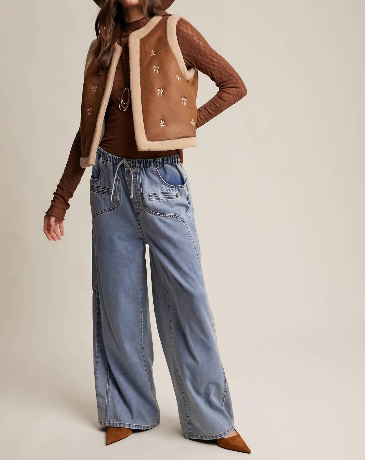 Listicle - Embroidered Faux Suede Shearling Vest