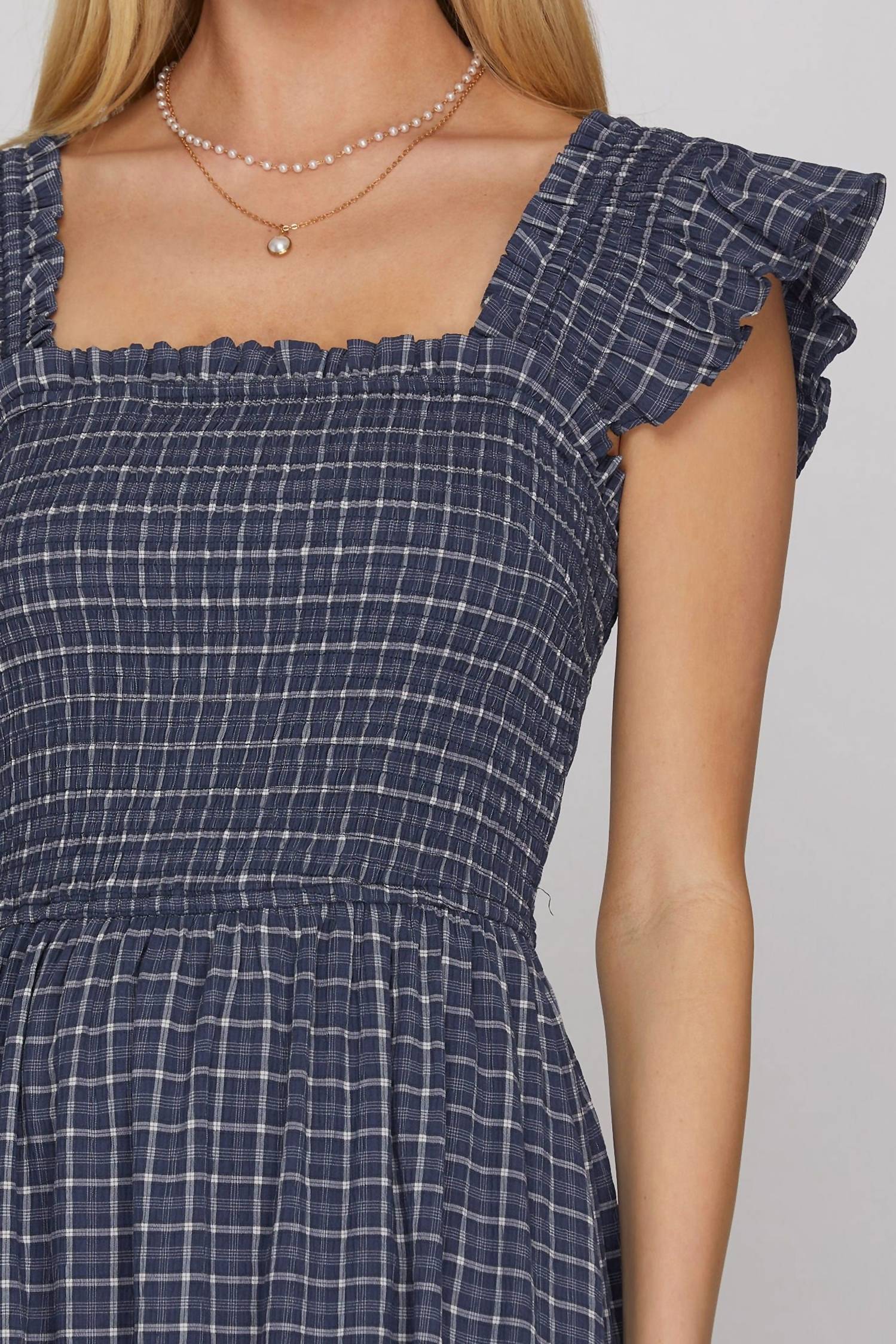 She + Sky - Ruffle Strap Check Smocked Midi Dress
