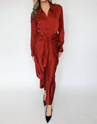 ELAN Long Sleeve Tie Front Satin Dress in rust - women's dress