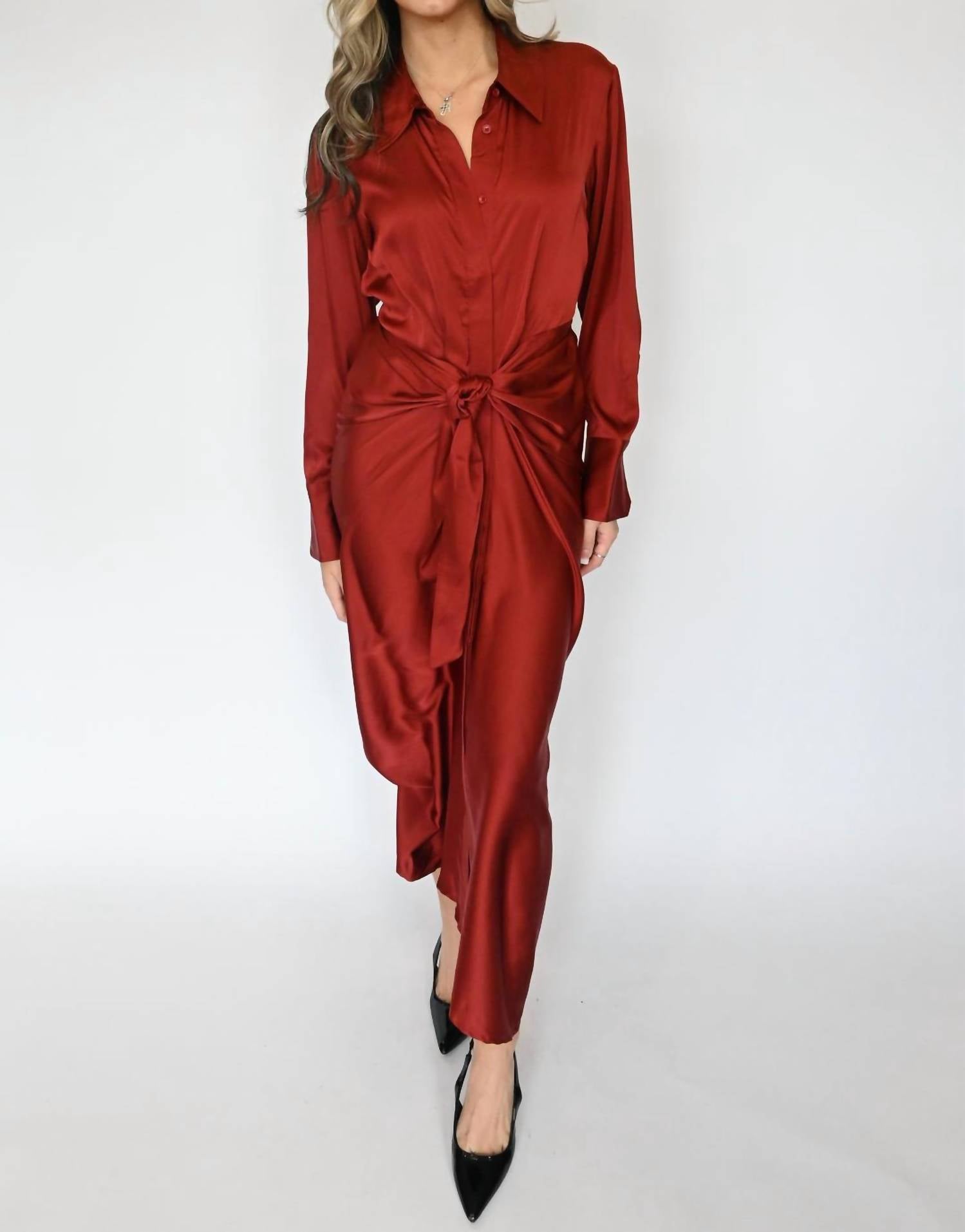 ELAN Long Sleeve Tie Front Satin Dress in rust - women's dress