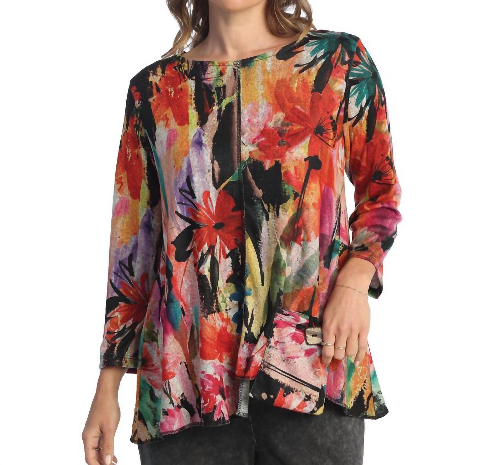 Jess & Jane Poppy Round Neck Top in pattern - women's blouse - detail view