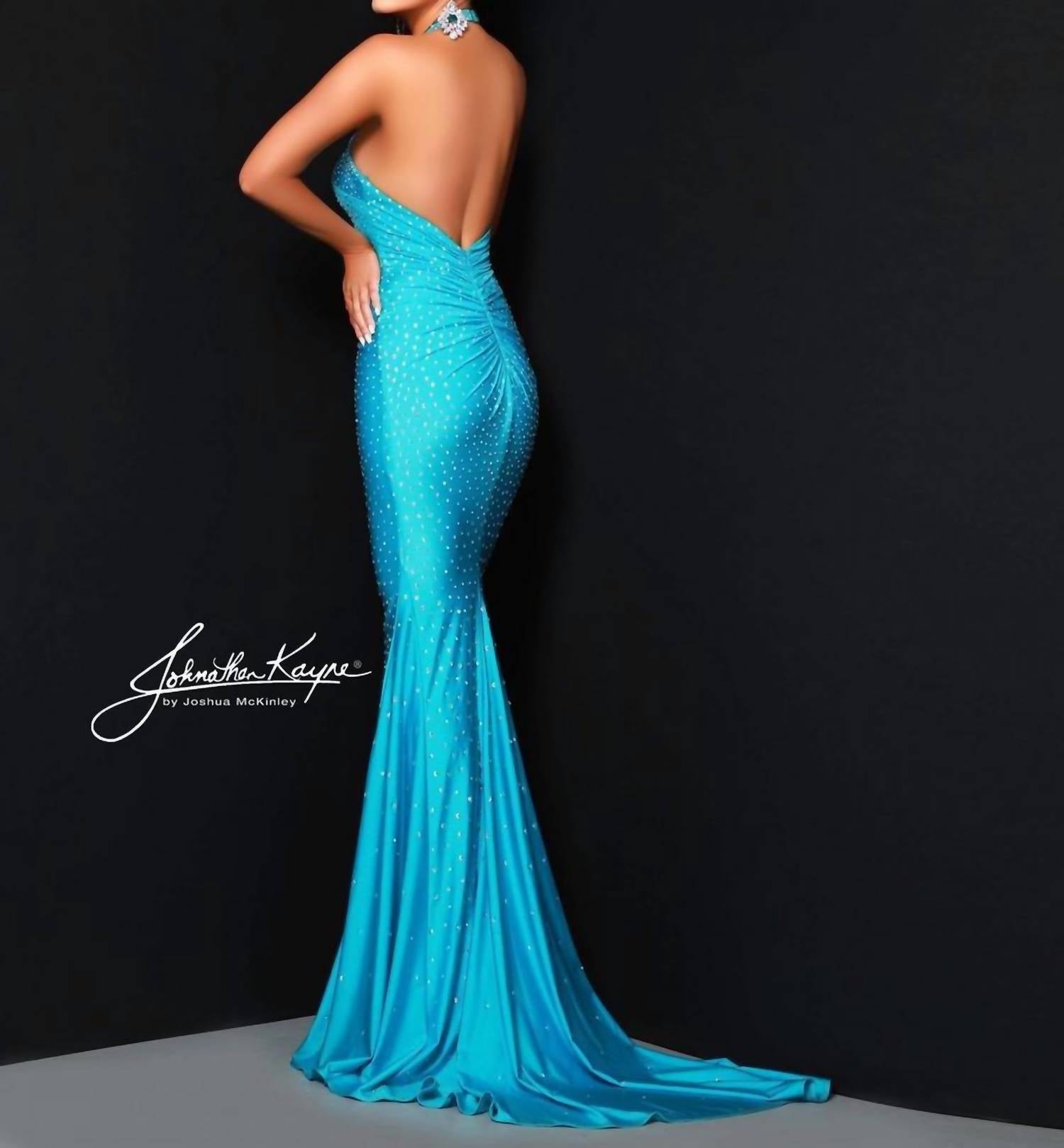 Johnathan Kayne Sparkling Mermaid Prom Dress in turquoise - women's dress - detail view
