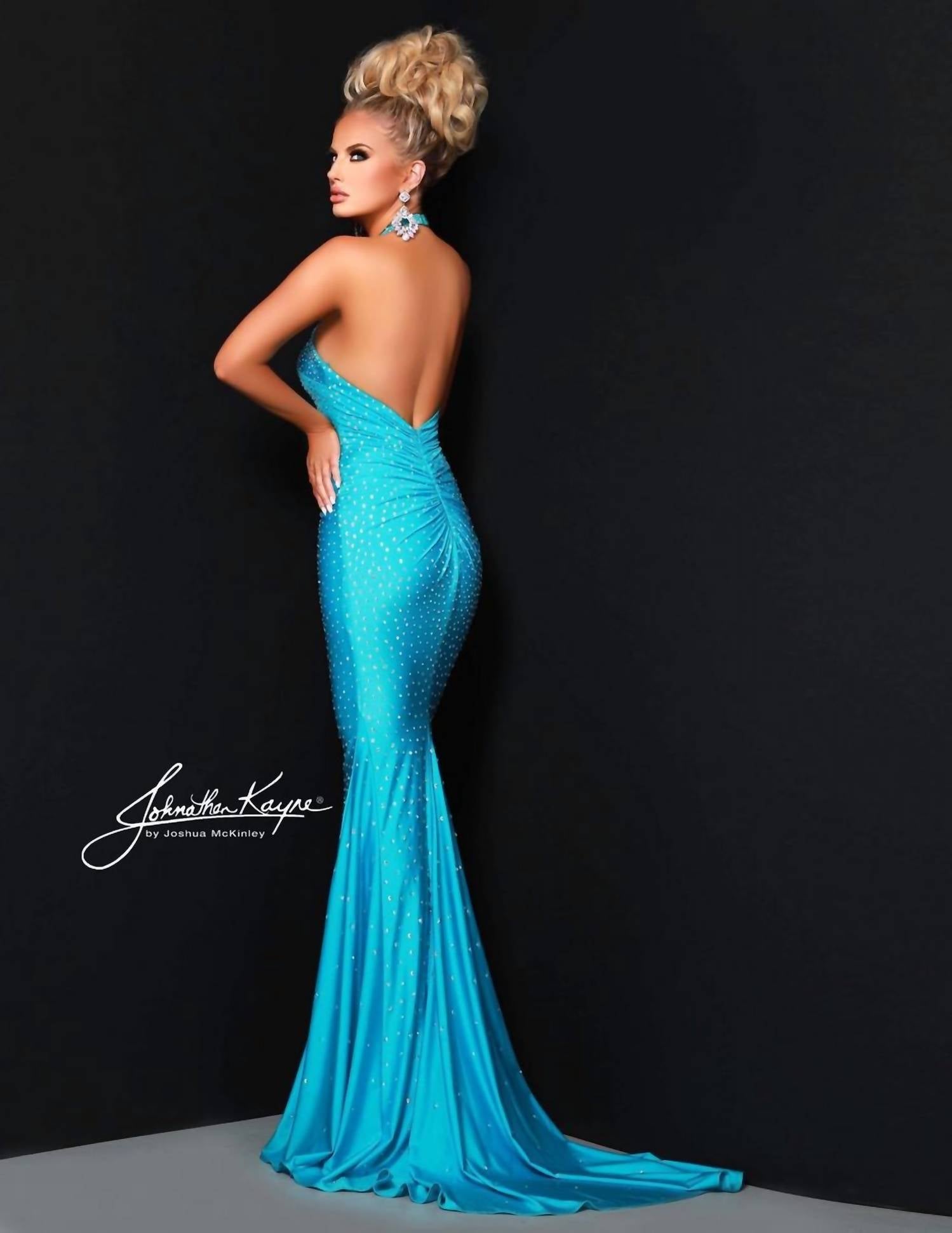 Johnathan Kayne Sparkling Mermaid Prom Dress in turquoise - women's dress - alternate view