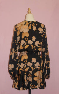 Aakaa Fall Floral Print Dress in black camel - women's dress - detail view