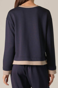 P.CILL Contrast Border Long Sleeve Top in navy and taupe - women's long sleeve top - detail view