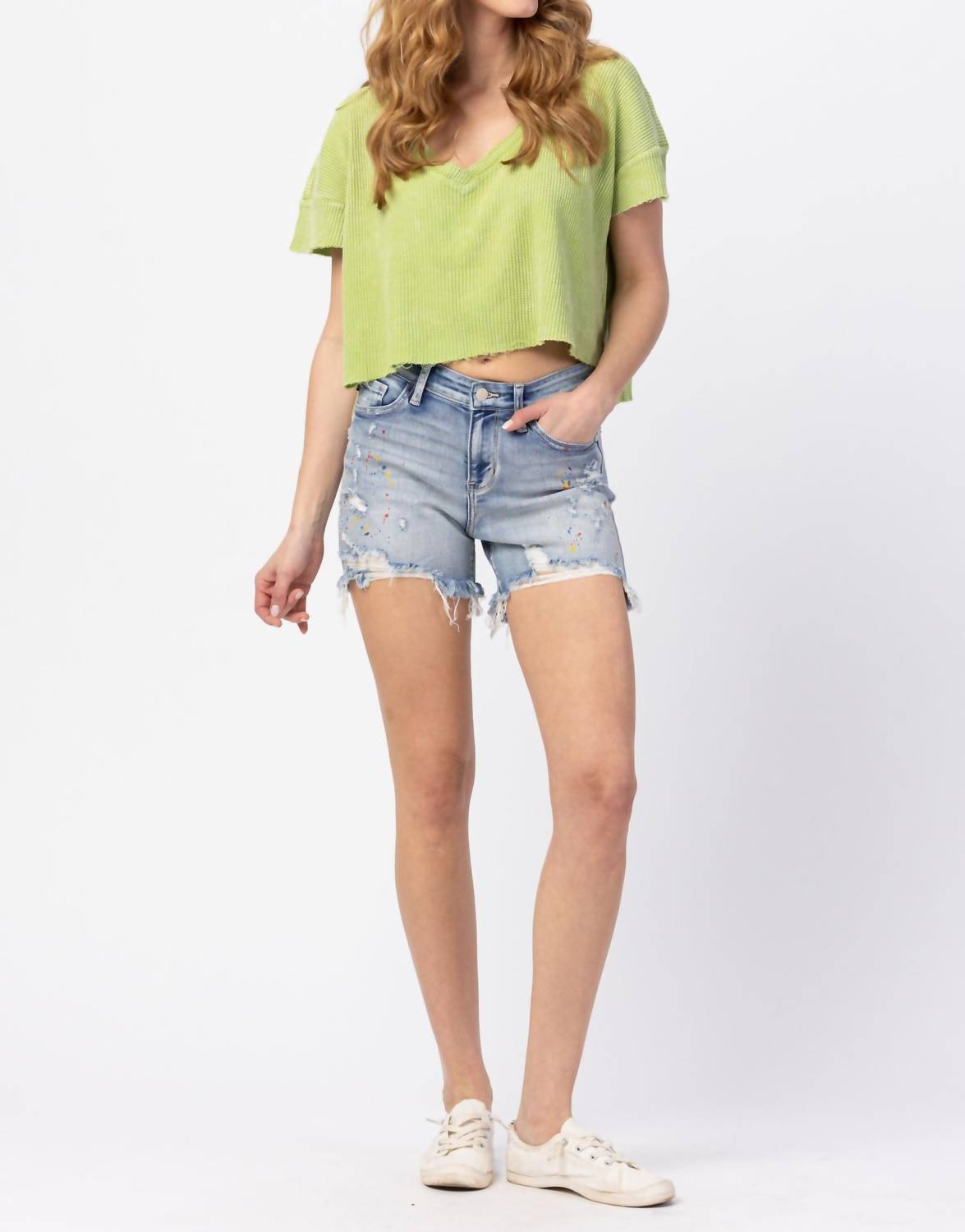 Judy Blue - Mid Rise Rainbow Paint Splash Cutoff Destroyed Shorts