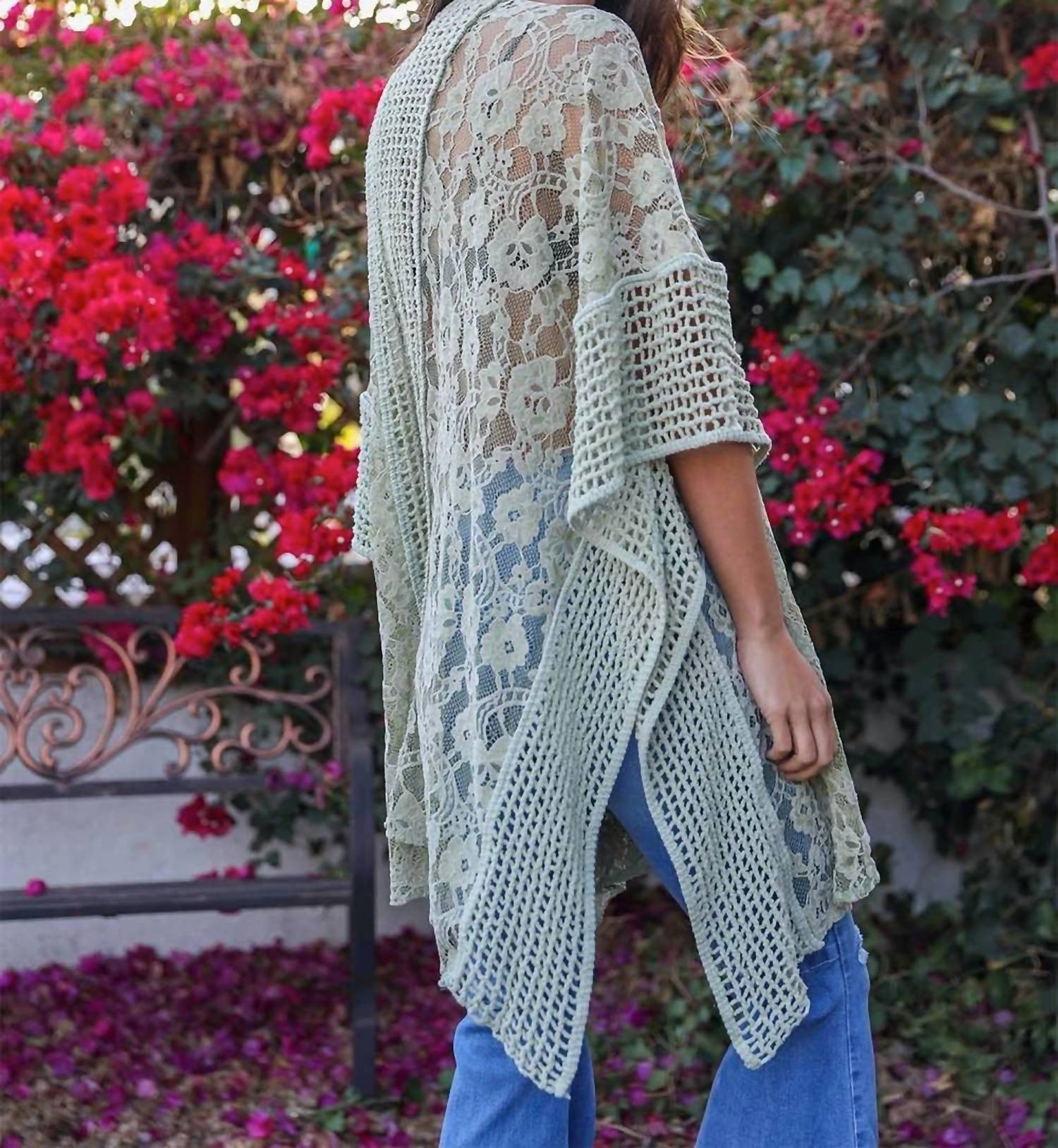 LETO Floral Kimono Perfect Summer Cover in sage - women's cardigan - detail view