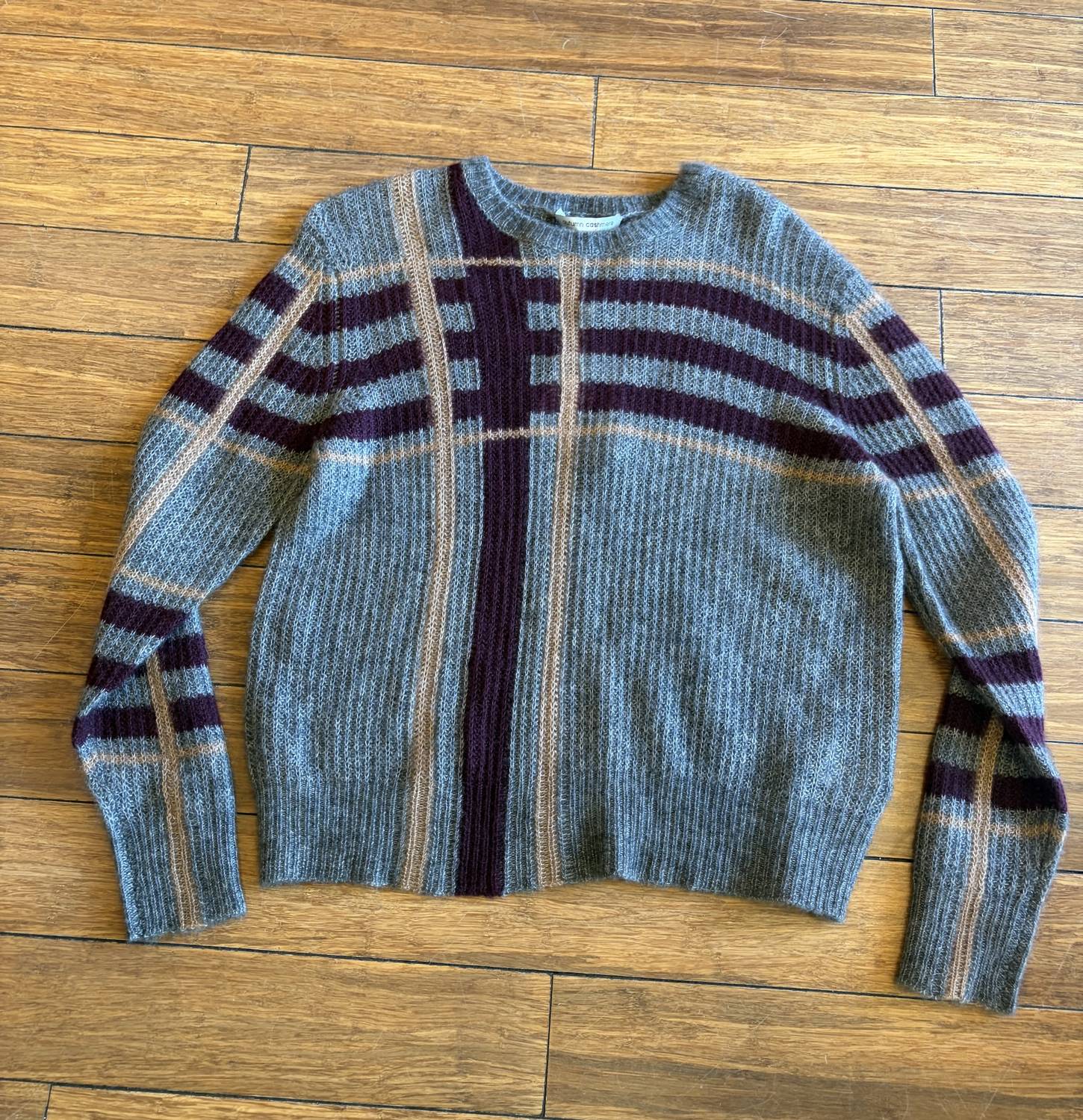 Autumn Cashmere Women's Shaker Stitch Plaid Sweater in charcoal combo - women's sweater