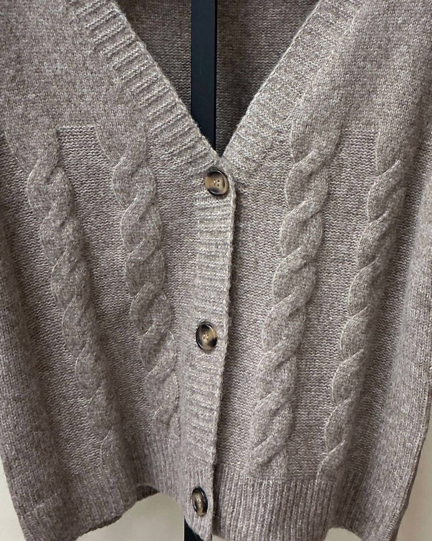 Giftcraft Women's V-neck Cardigan in taupe - women's sweater - detail view