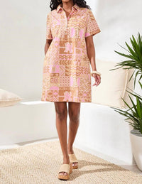 Tribal - Tropical Print Poplin Shift Short Sleeve Dress