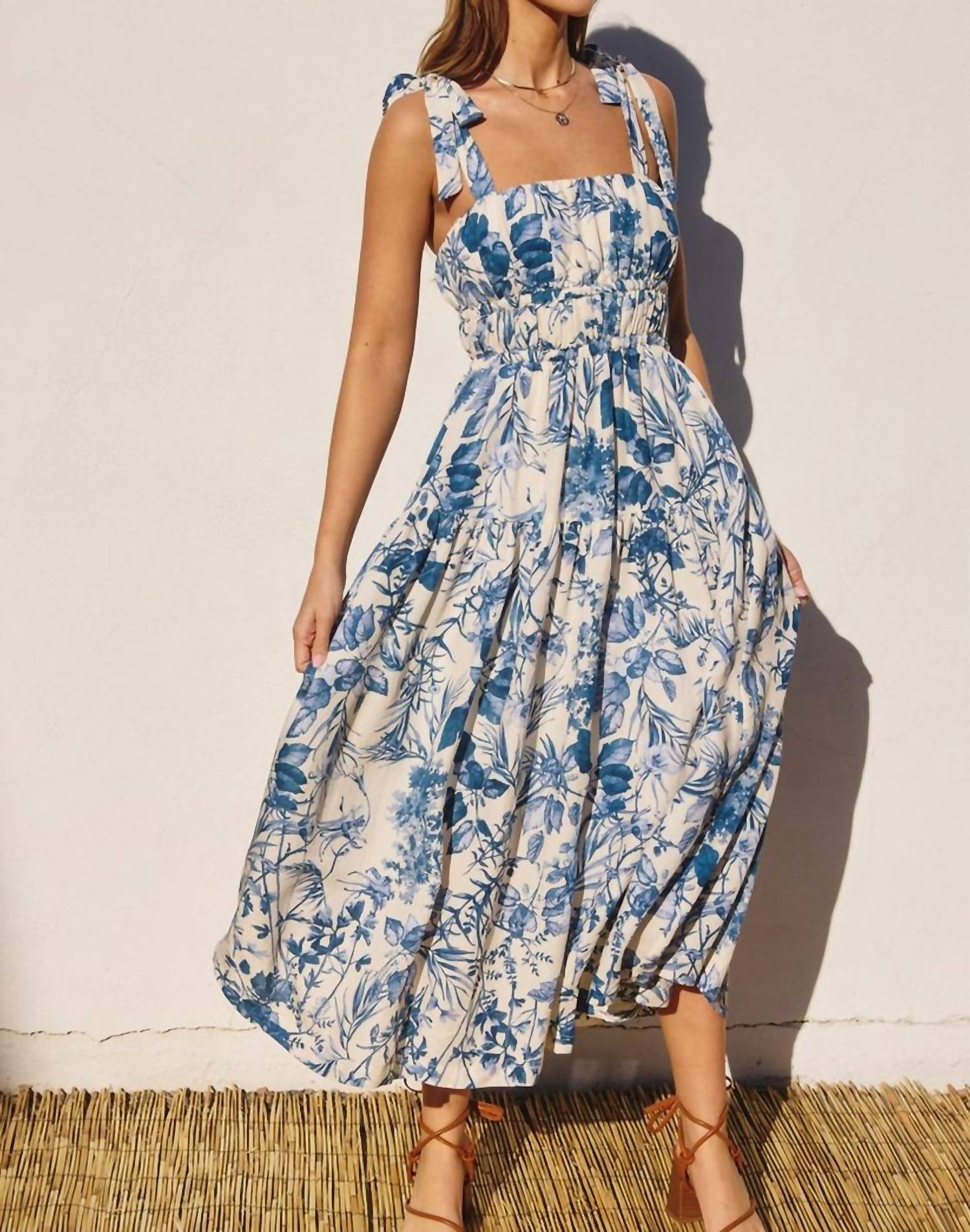 DRESS FORUM Shirred Fit And Flare Midi Dress in porcelain blue - women's dress