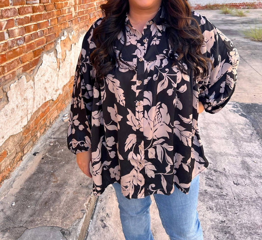 Easel - Tara Floral Printed Button Down Gauze Blouse - Plus