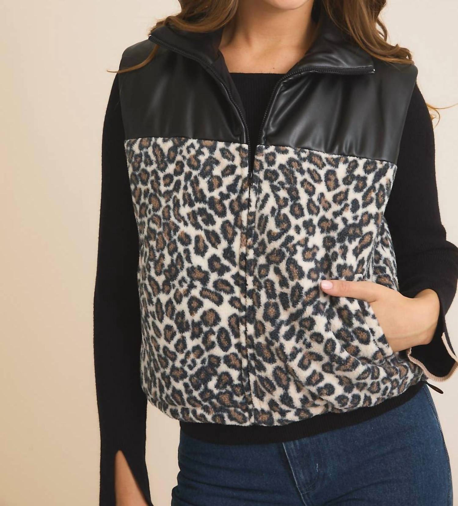 Gilli - Mock Neck Fleece & Pleather Mix Puffer Vest