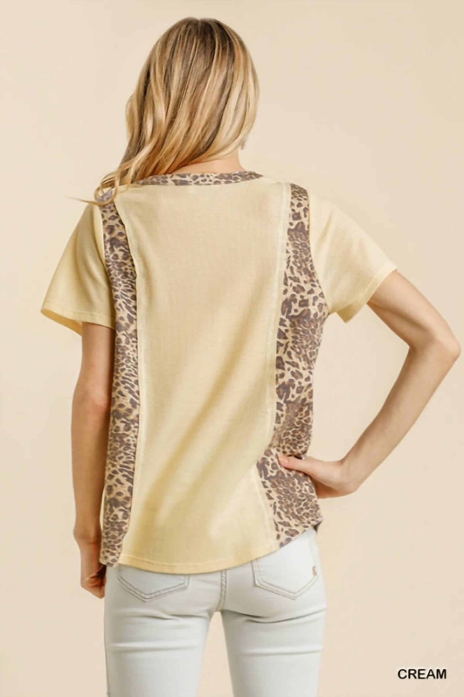 Umgee - Leopard Trim Waffle Knit Top