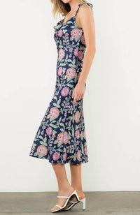 THML Women's Tie Strap Cowl Neck Floral Midi Dress in blue multi - women's dress - alternate view