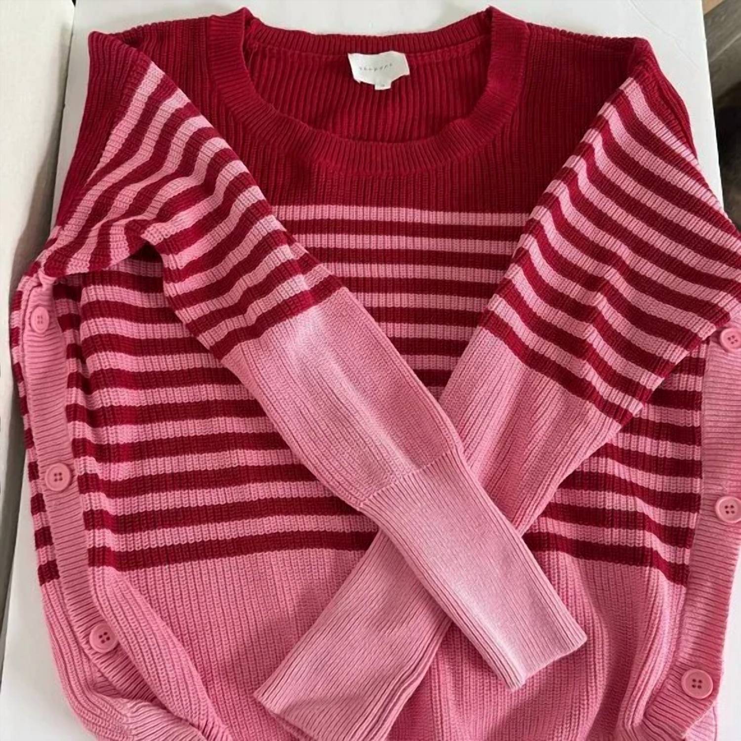 sundays Stripe Knit Long Sleeve Sweater in pink red - women's sweater - alternate view