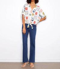 Charlie B - Printed Linen Blend Front-tie Blouse With Roll-up Sleeves
