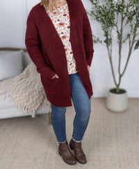 Michelle Mae Madison Cozy Cardigan in burgundy - women's cardigan - detail view