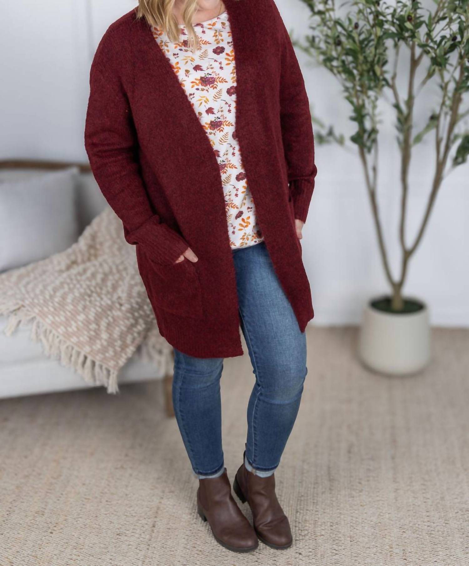 Michelle Mae Madison Cozy Cardigan in burgundy - women's cardigan - detail view