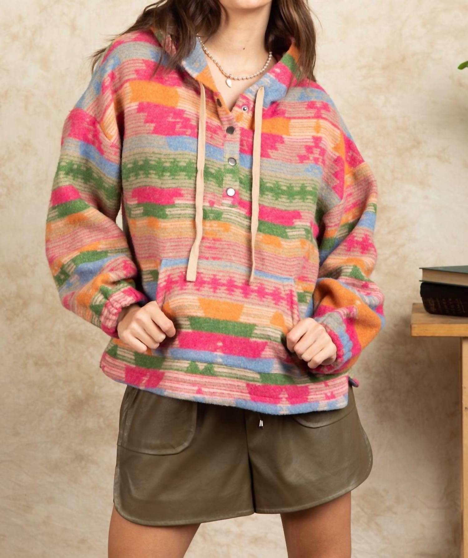 New In - Aztec Print Snap Button Detail Hooded Top