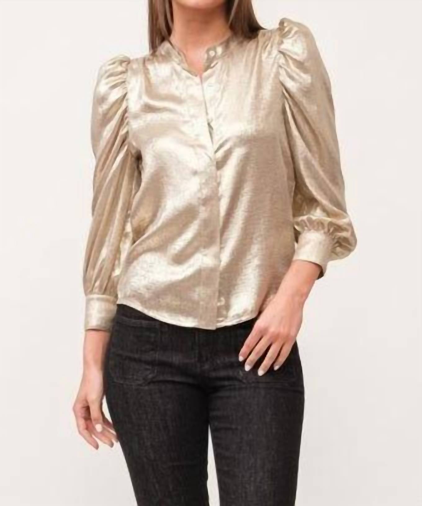 DEAR JOHN DENIM Rowan Puff Sleeve Button Down Blouse in gold - women's blouse
