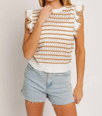 LE LIS Stripe Delight Ruffle Sleeve Knit Top in white tan - women's blouse